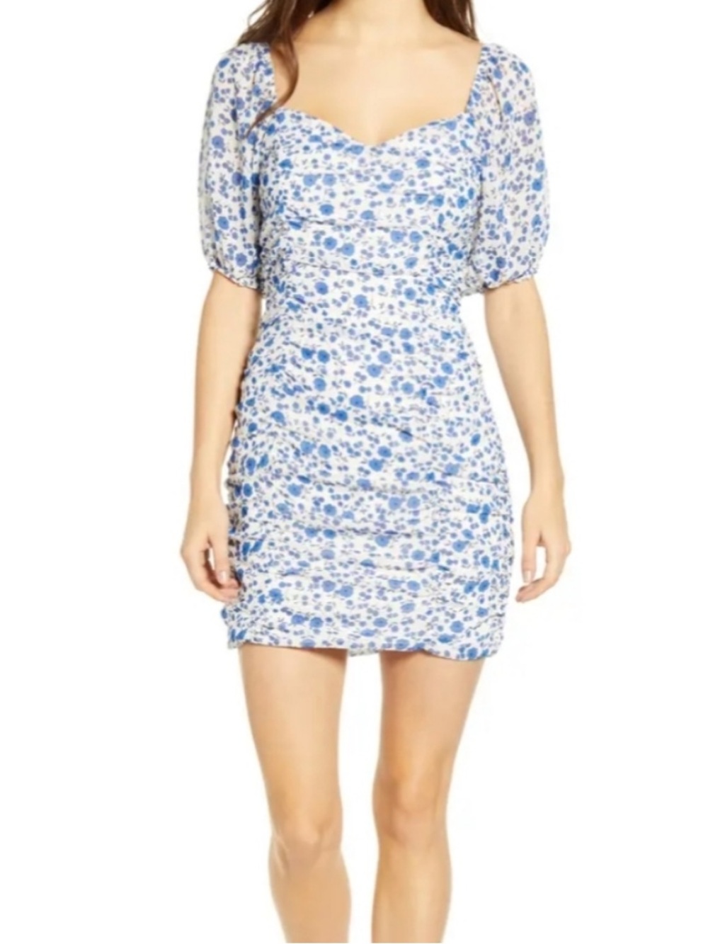 All in Favor Blue Floral Ruched Mini Dress